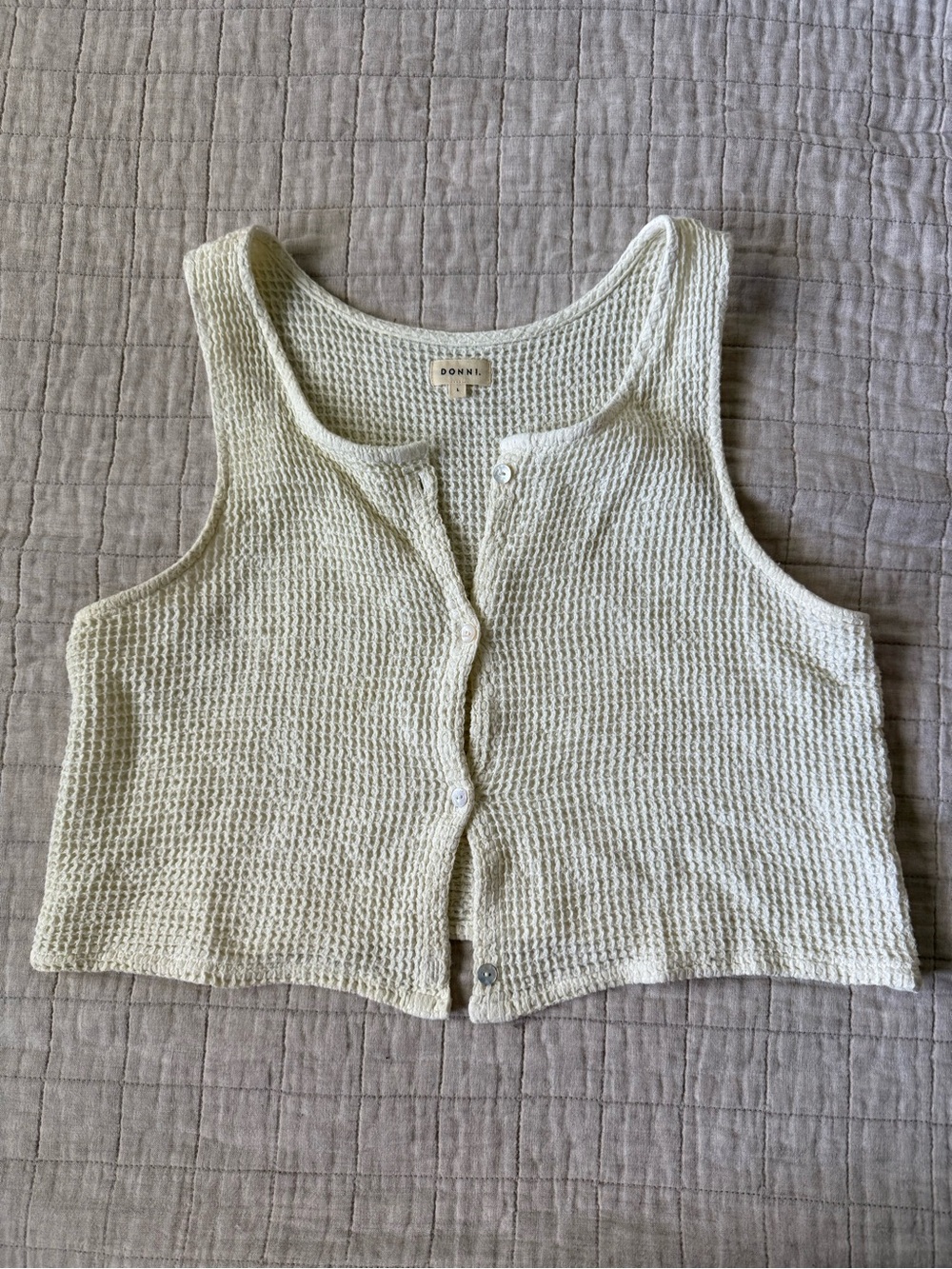 DONNI. Cream Waffle-Knit Button Front Crop Tank